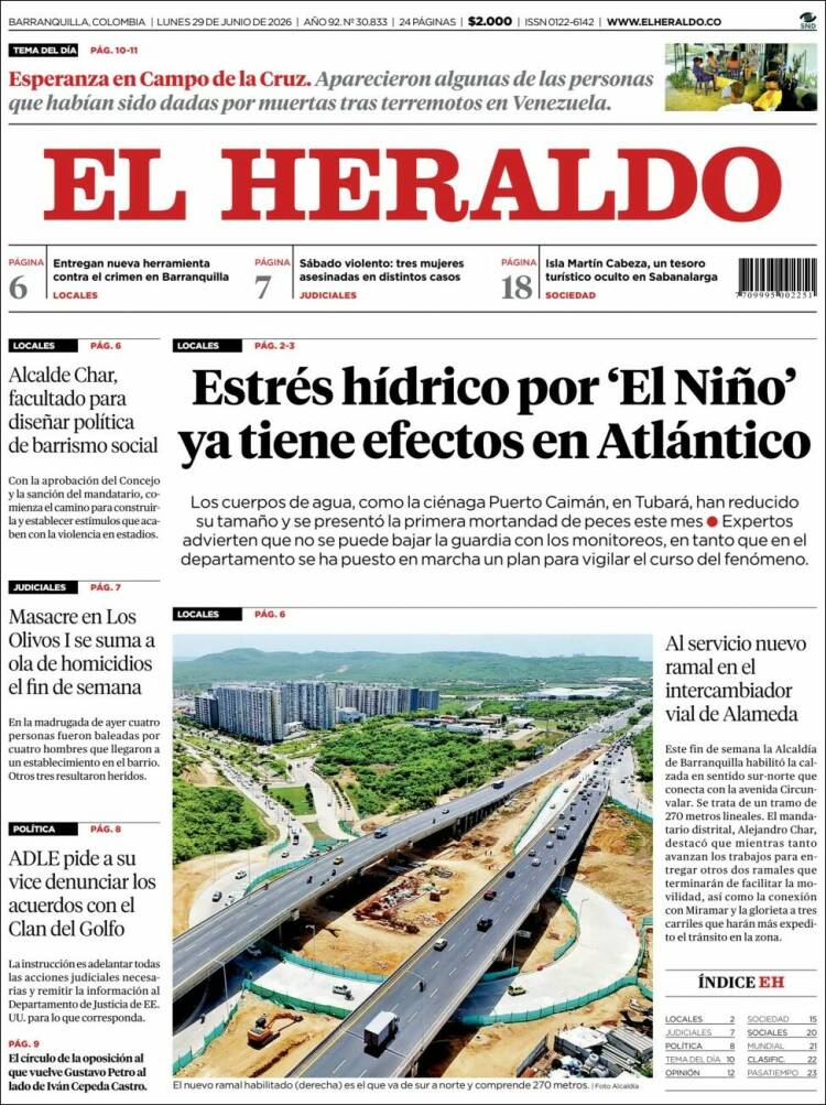 Portada de El Heraldo · 29 jun 2026