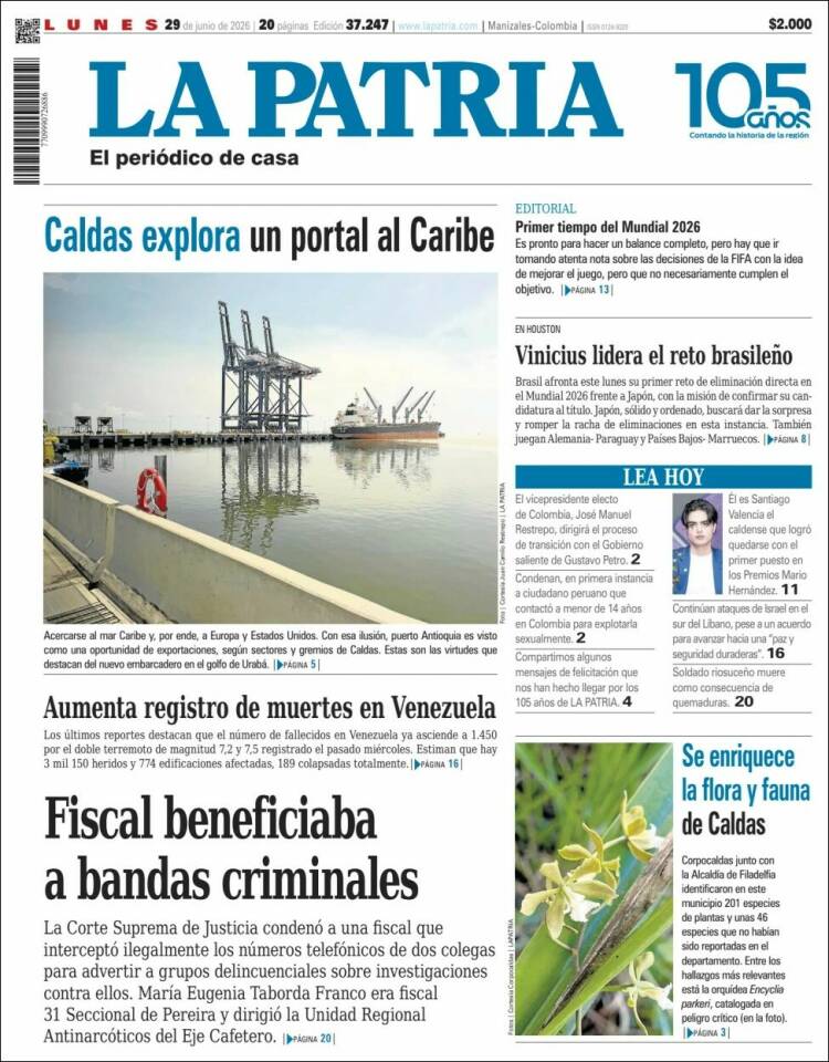 Portada de La Patria · 29 jun 2026