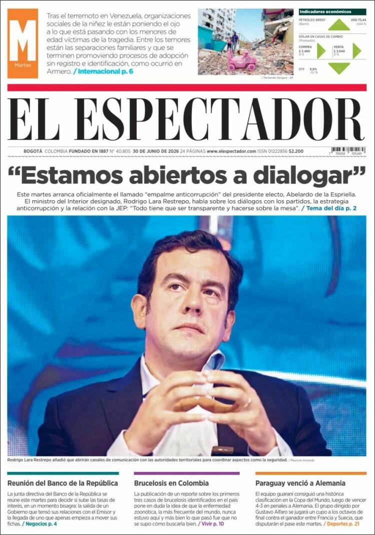 Portada de El Espectador · 30 jun 2026