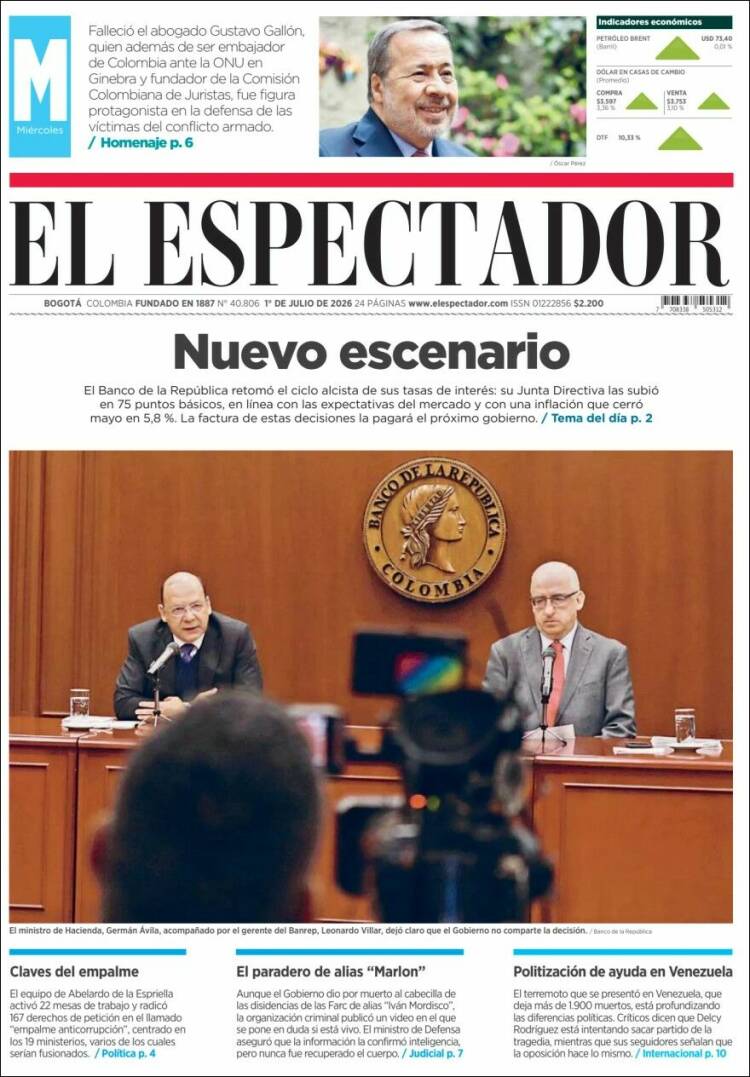 Portada de El Espectador · 1 jul 2026