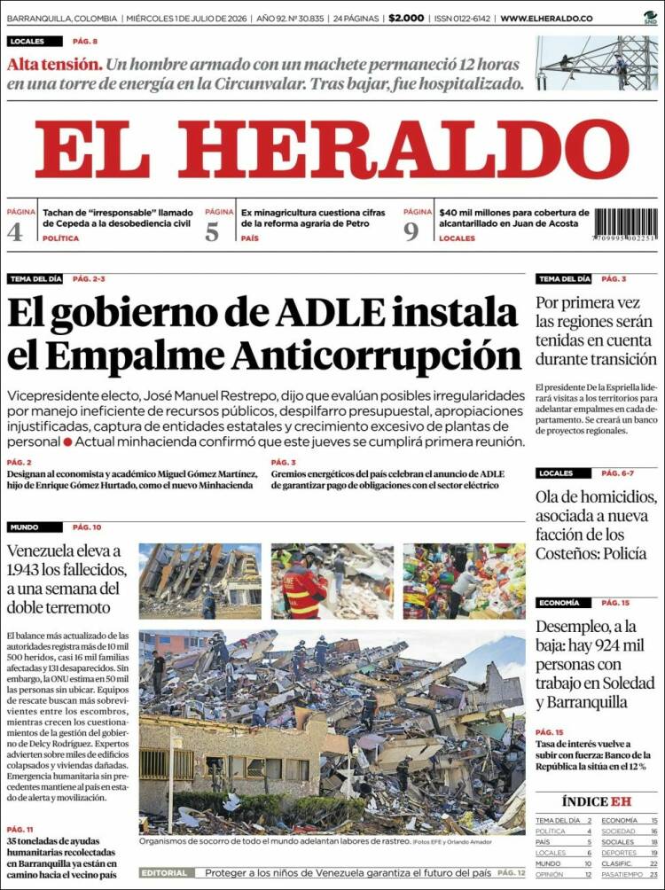 Portada de El Heraldo · 1 jul 2026