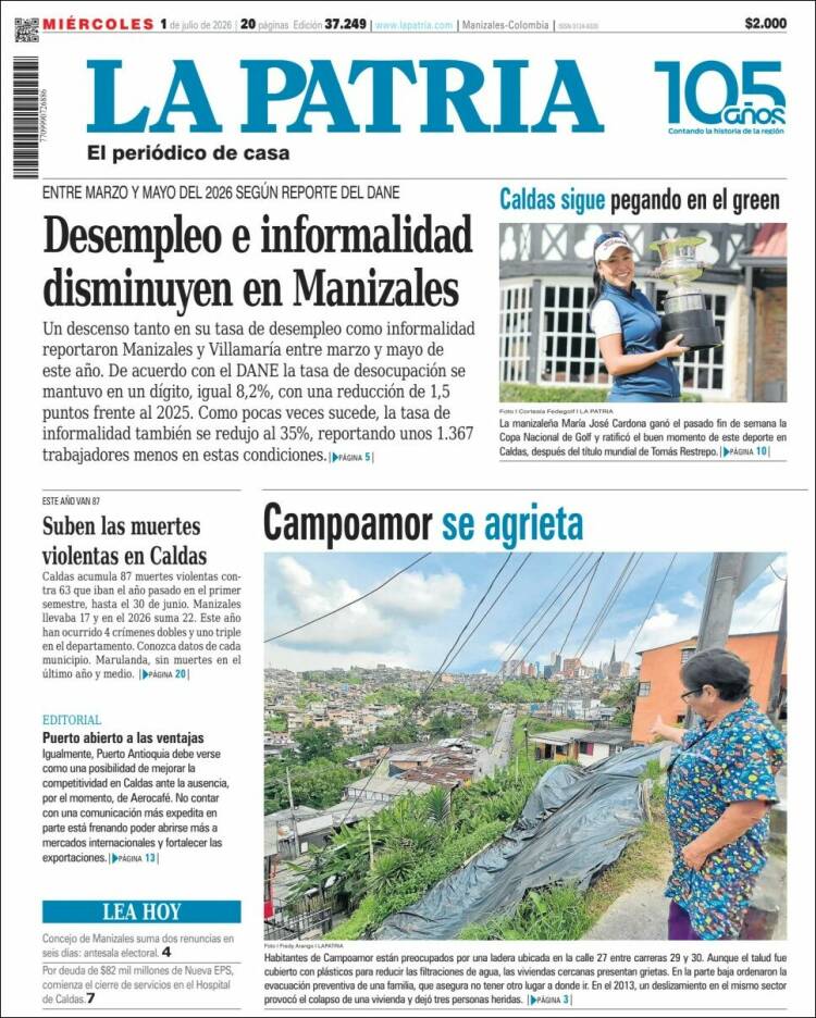 Portada de La Patria · 1 jul 2026