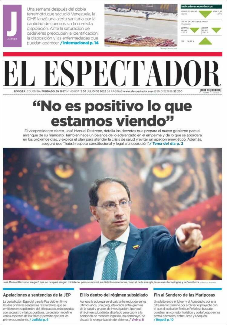 Portada de El Espectador · 2 jul 2026