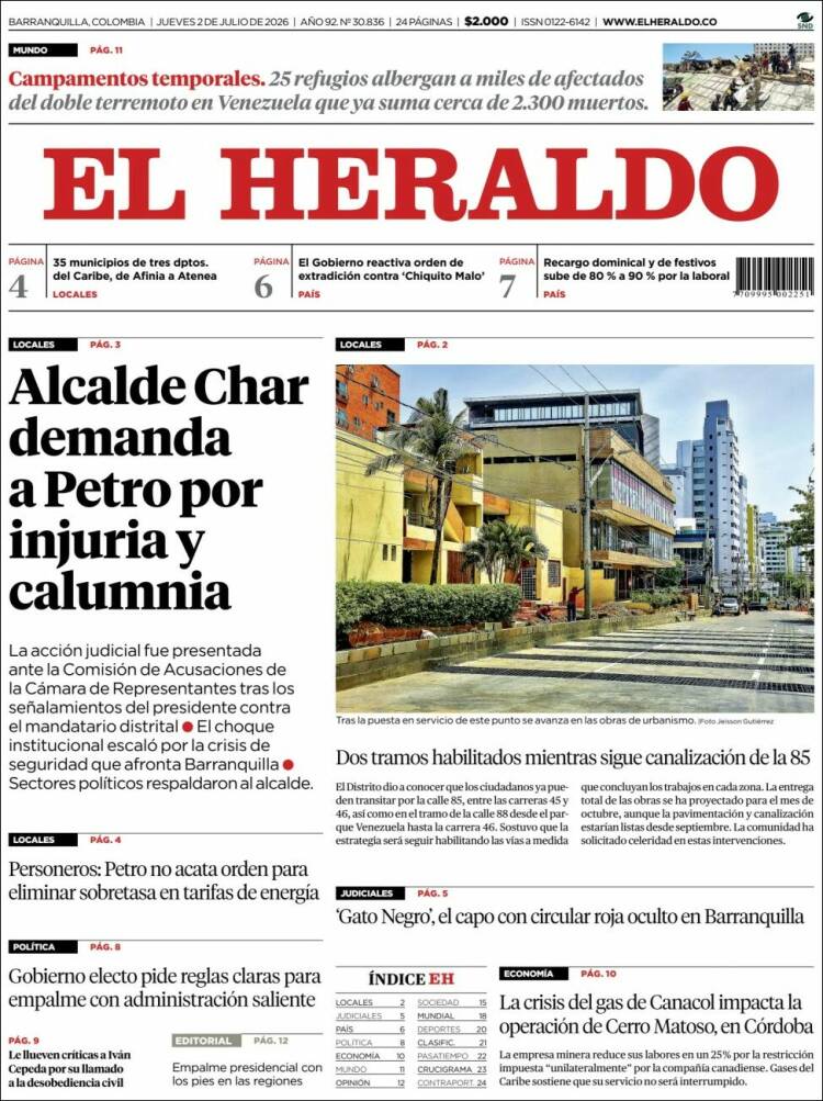 Portada de El Heraldo · 2 jul 2026
