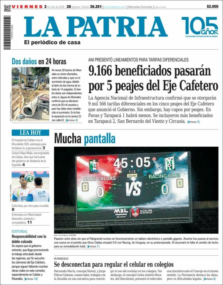 Portada de La Patria · 3 jul 2026