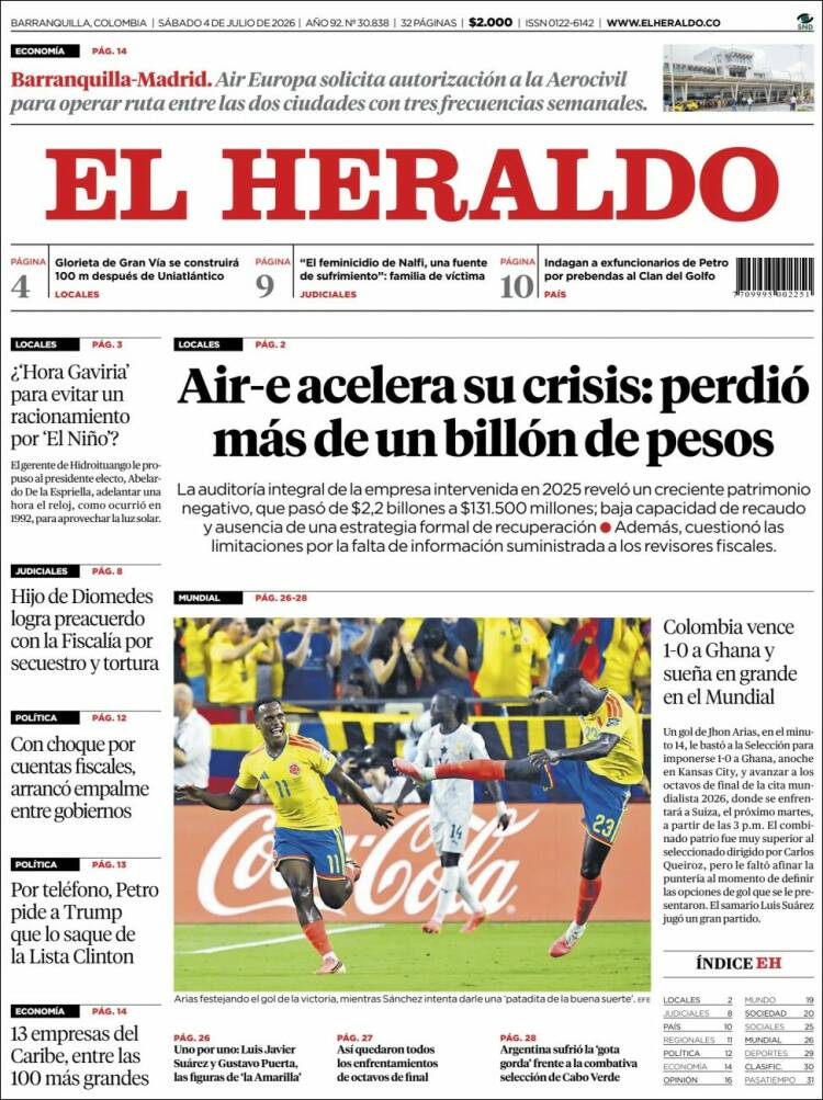 Portada de El Heraldo · 4 jul 2026