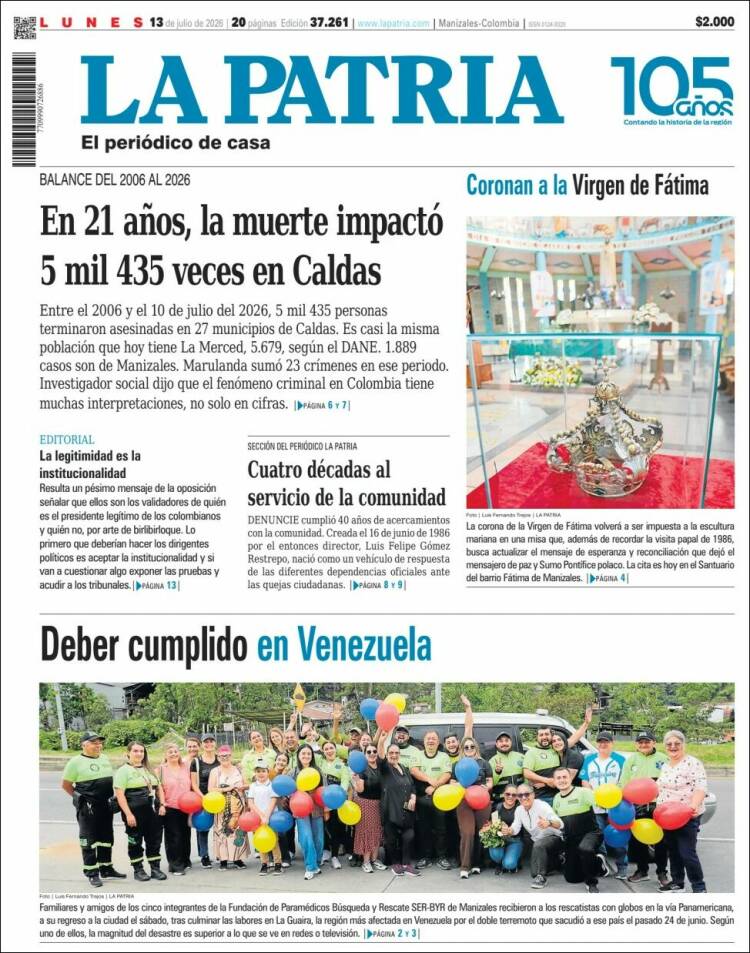 Portada de La Patria · 13 jul 2026