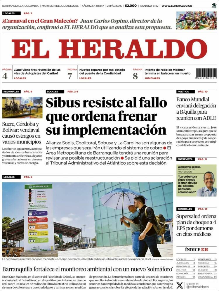 Portada de El Heraldo · 14 jul 2026