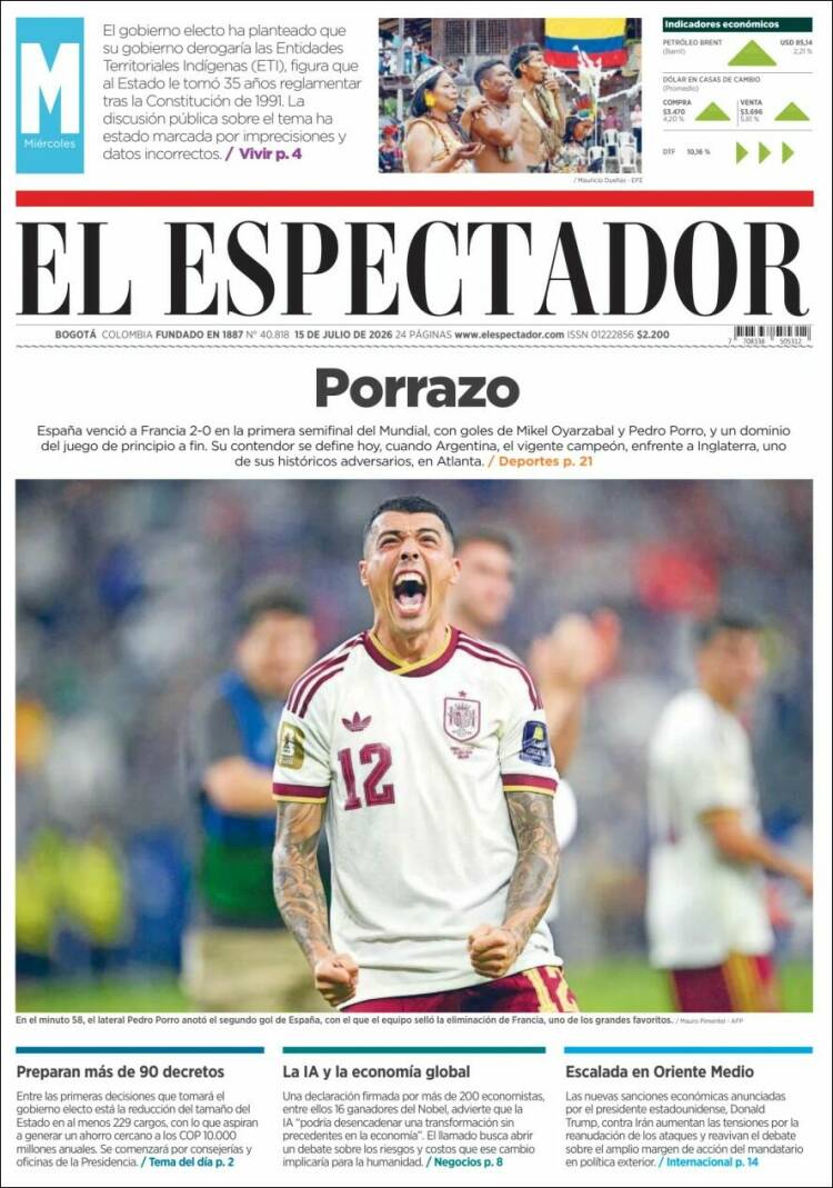 Portada de El Espectador · 15 jul 2026