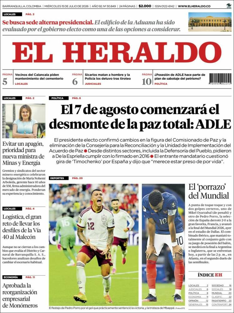 Portada de El Heraldo · 15 jul 2026