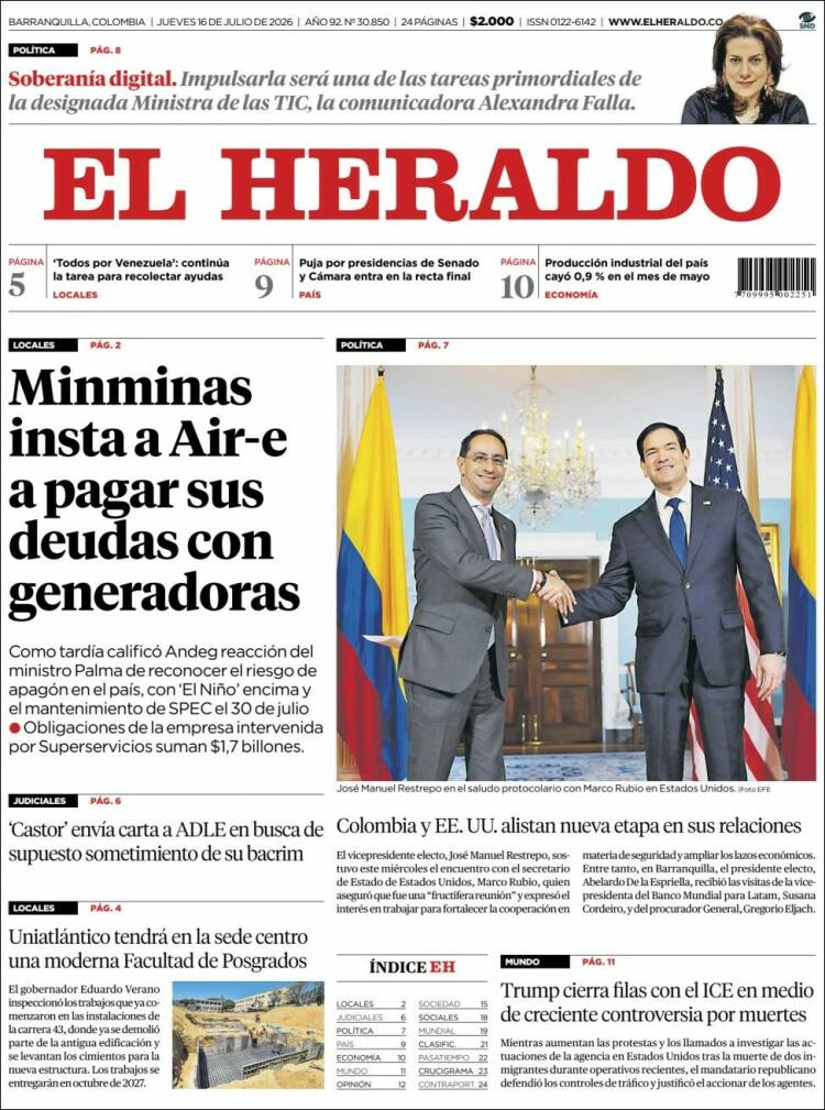Portada de El Heraldo · 16 jul 2026