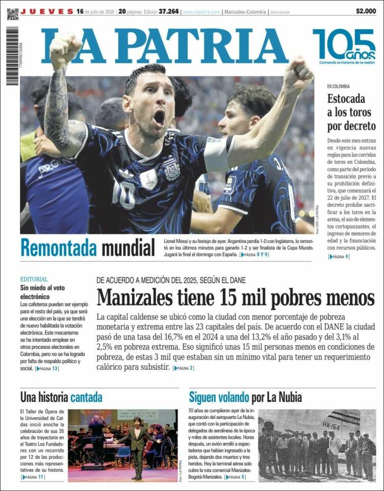 Portada de La Patria · 16 jul 2026