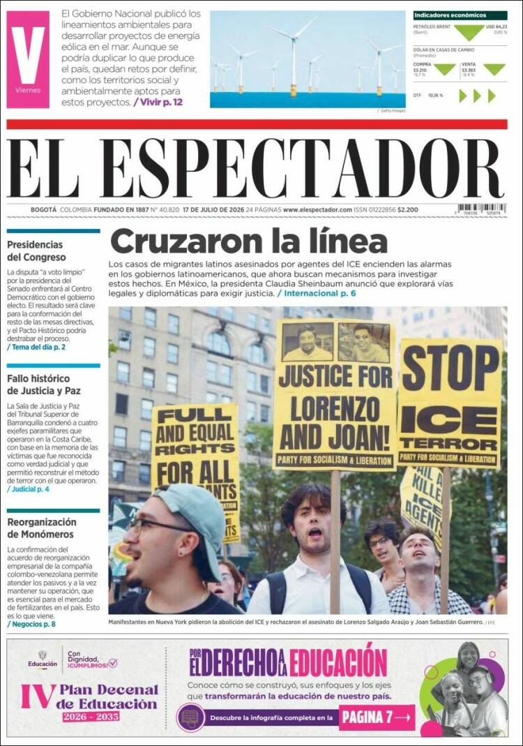 Portada de El Espectador · 17 jul 2026