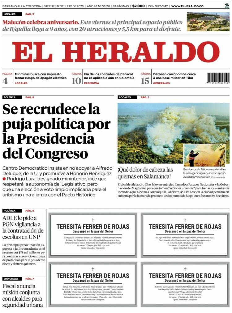 Portada de El Heraldo · 17 jul 2026