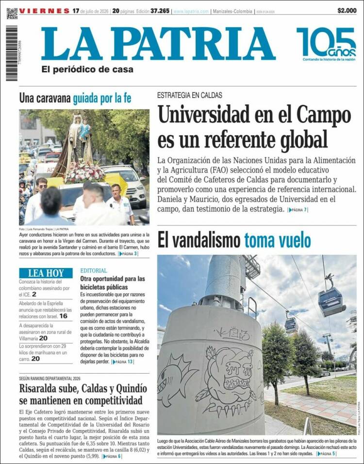 Portada de La Patria · 17 jul 2026