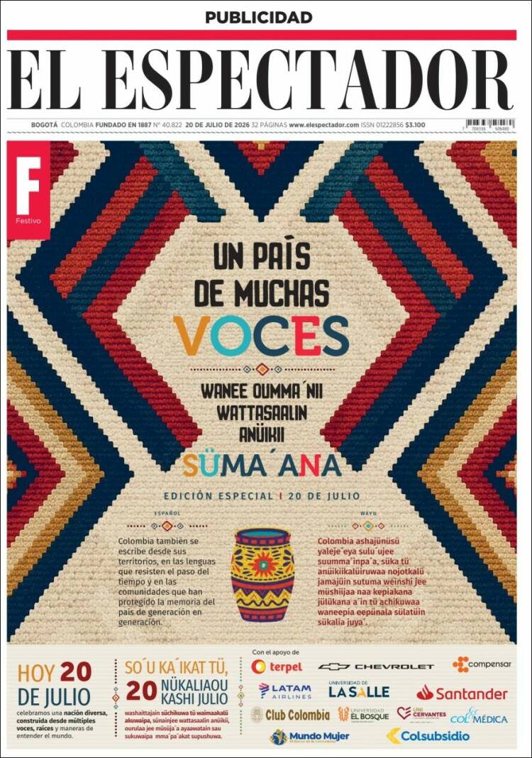 Portada de El Espectador · 20 jul 2026