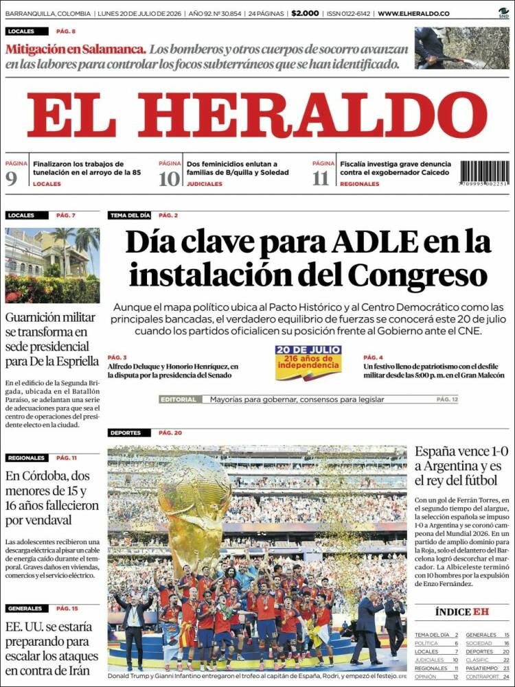 Portada de El Heraldo · 20 jul 2026