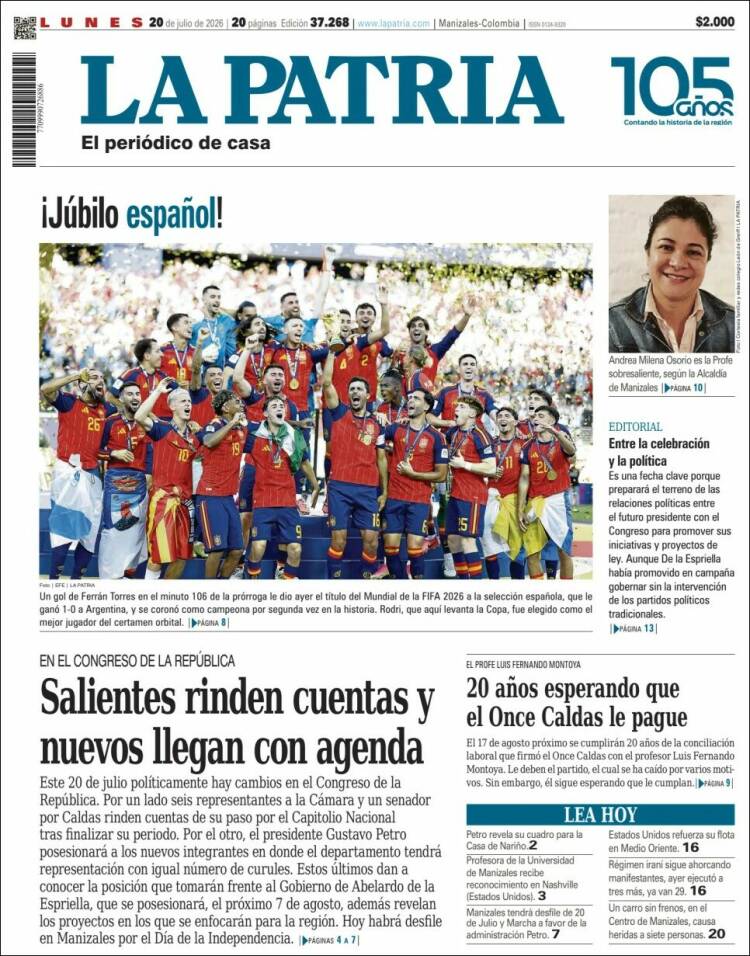 Portada de La Patria · 20 jul 2026