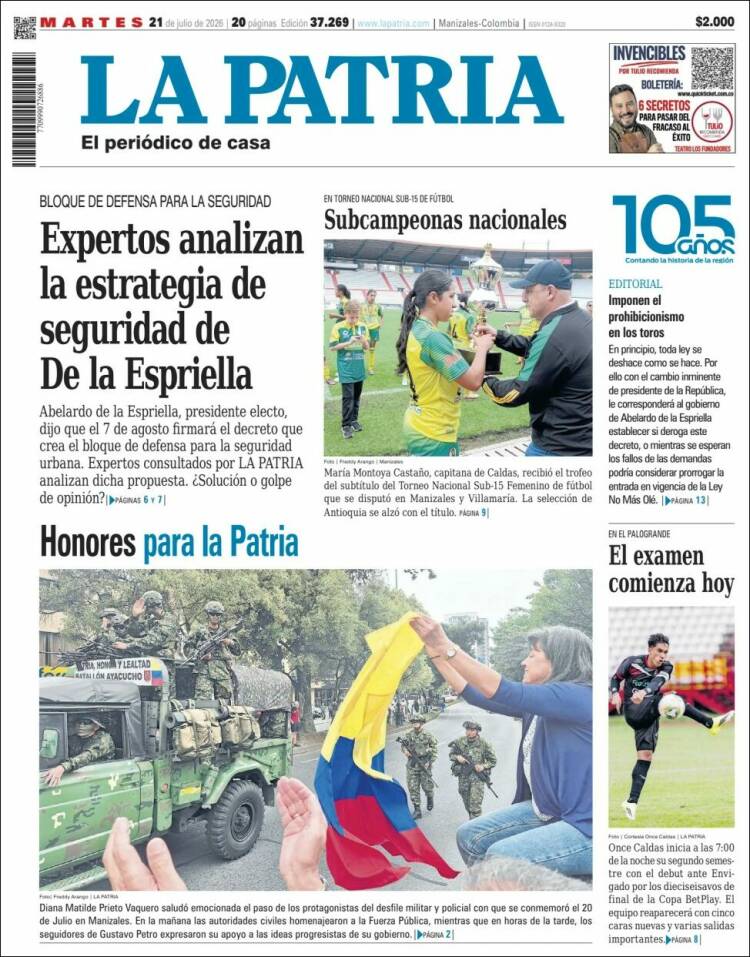 Portada de La Patria · 21 jul 2026