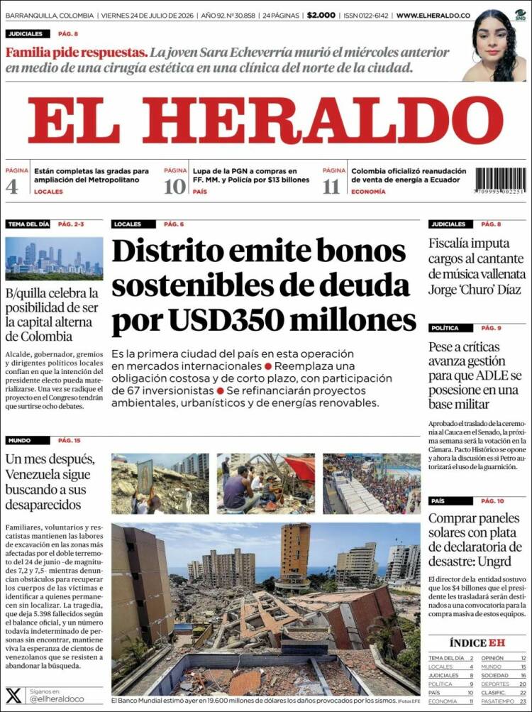 Portada de El Heraldo · 24 jul 2026