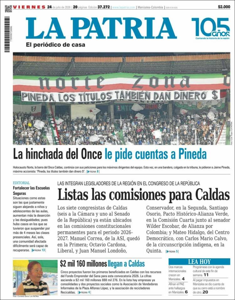 Portada de La Patria · 24 jul 2026
