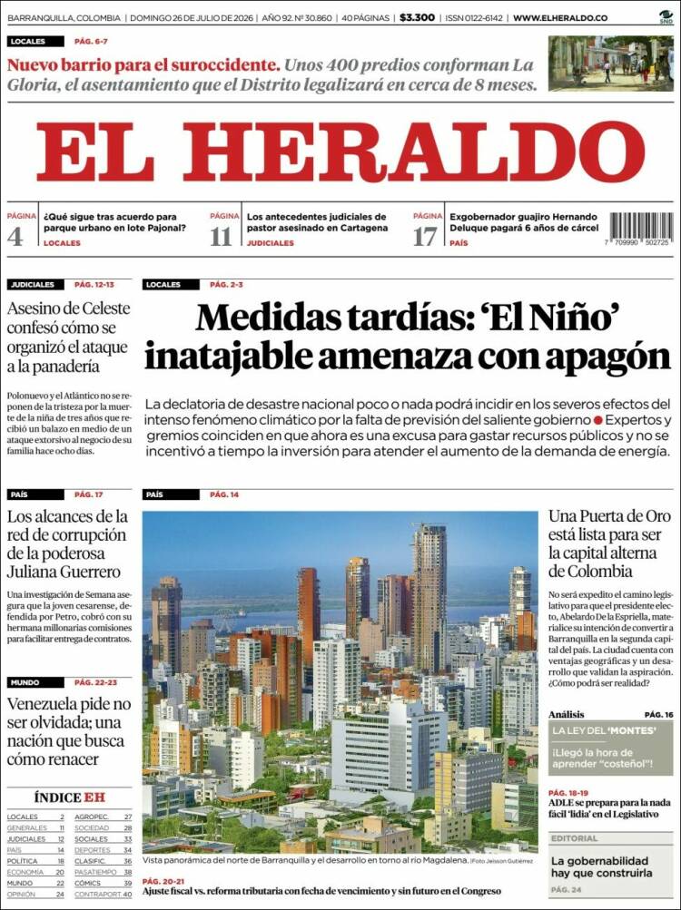 Portada de El Heraldo · 26 jul 2026