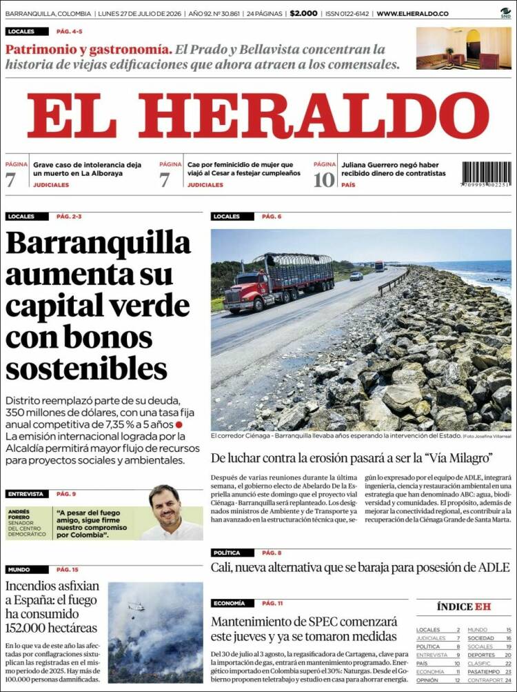 Portada de El Heraldo · 27 jul 2026