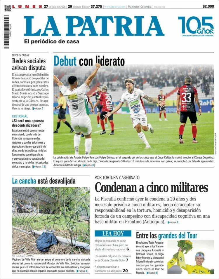Portada de La Patria · 27 jul 2026