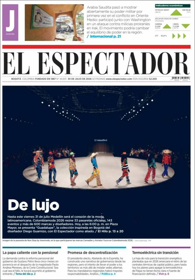 Portada de El Espectador · 30 jul 2026