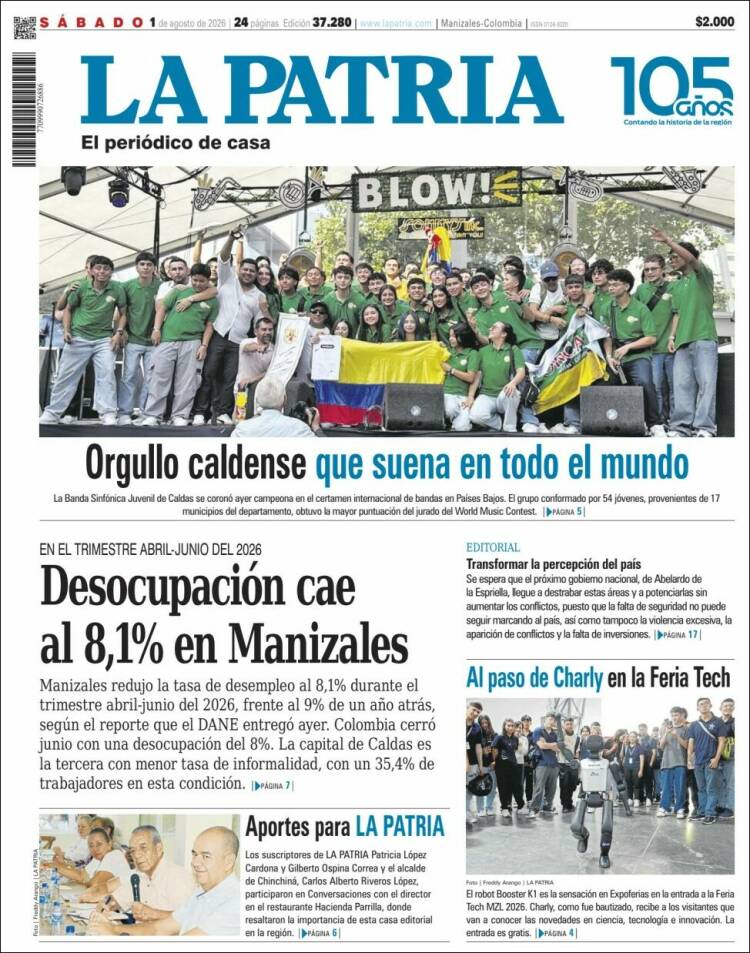 Portada de La Patria · 1 ago 2026