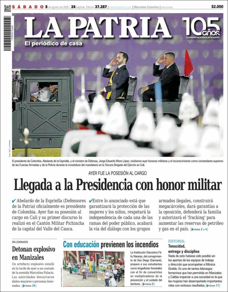 Portada de La Patria · 8 ago 2026