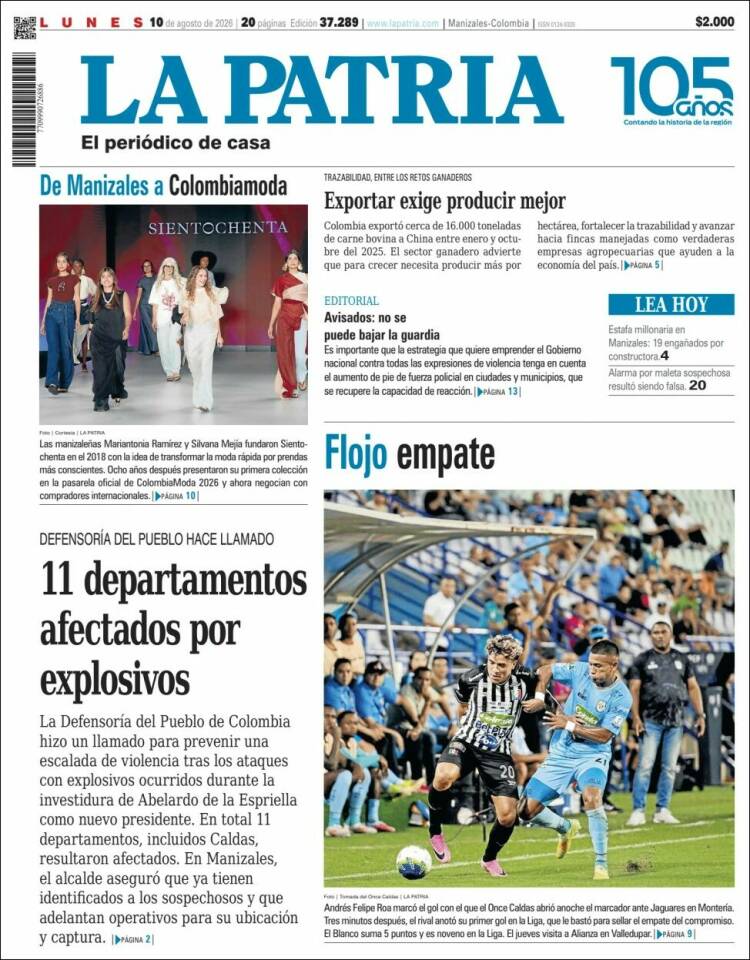 Portada de La Patria · 10 ago 2026