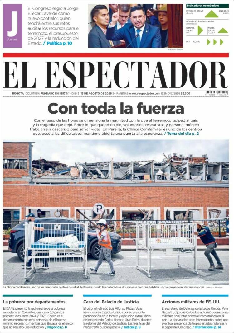 Portada de El Espectador · 13 ago 2026
