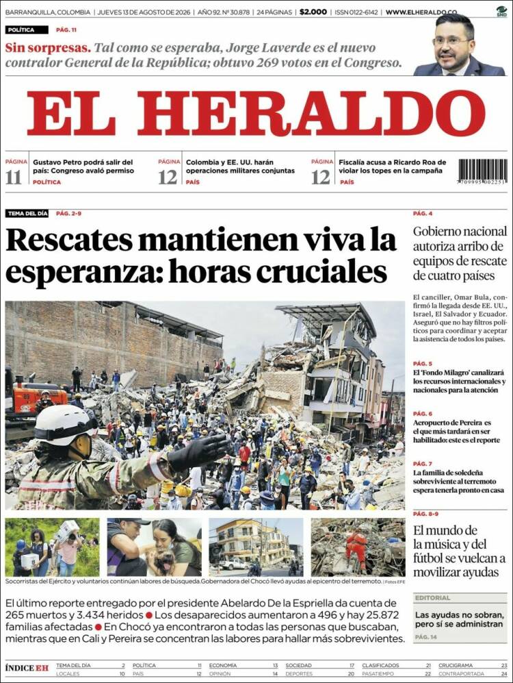 Portada de El Heraldo · 13 ago 2026