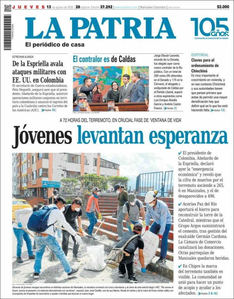 Portada de La Patria · 13 ago 2026