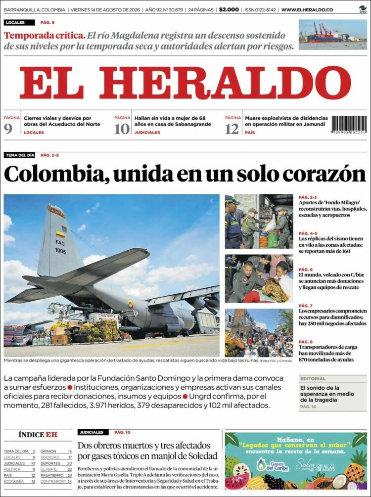 Portada de El Heraldo · 14 ago 2026