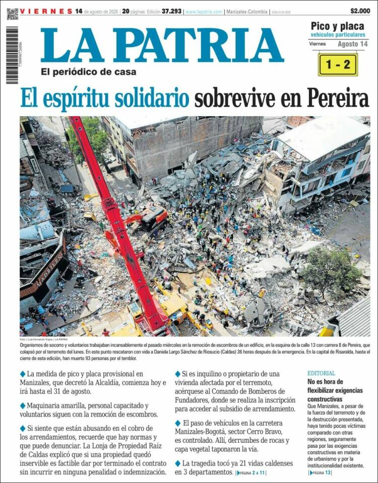 Portada de La Patria · 14 ago 2026
